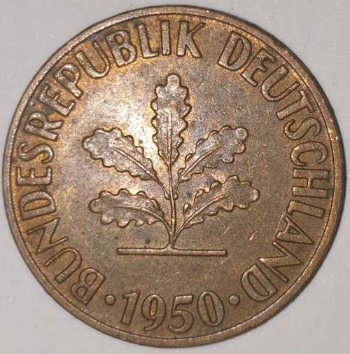 1950 F - 10 PFENNIG - TEN PFENNIG - GERMANY - FEDERAL REPUBLIC - (Brass Clad Steel) KM# 108